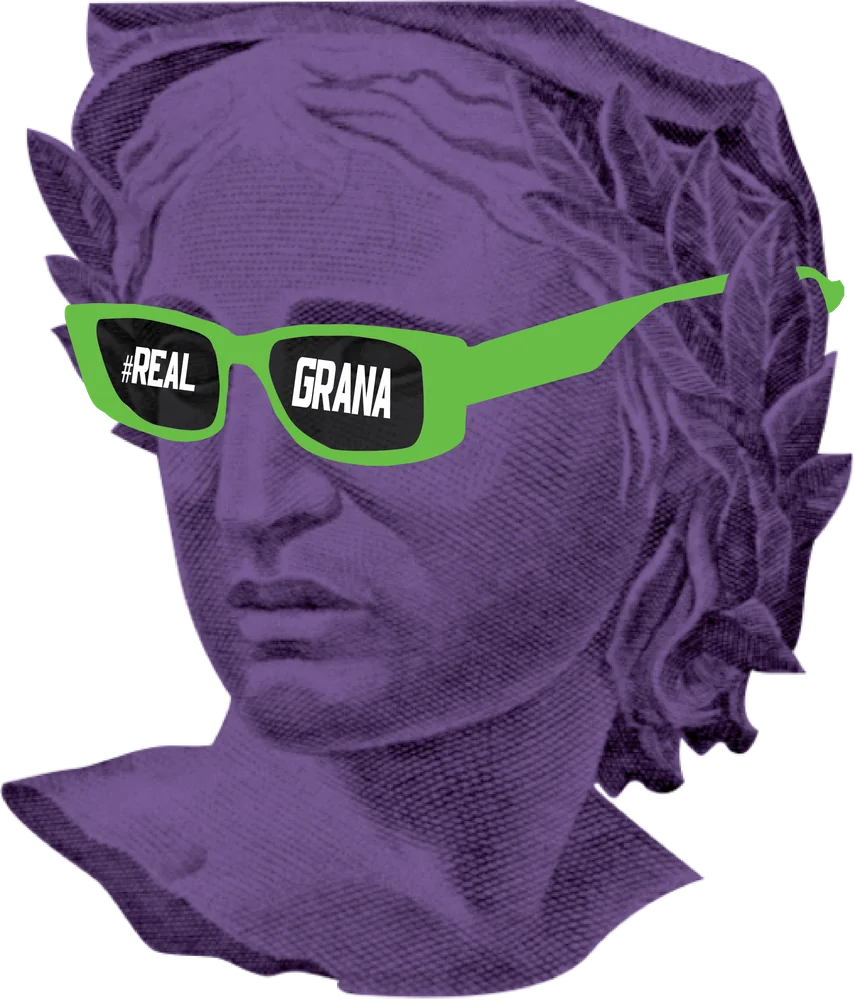 Mari, the Real Grana mascot: a classical bust wearing #REAL GRANA sunglasses