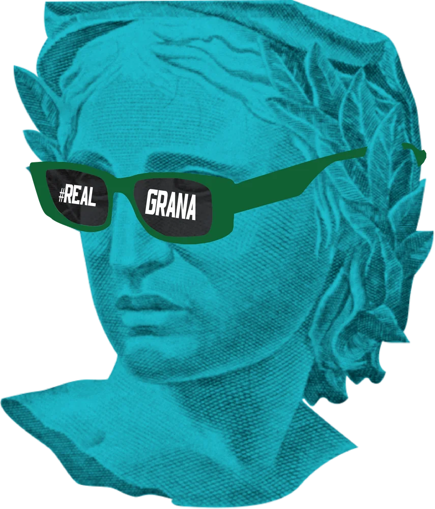 Mari, the Real Grana mascot: a classical bust wearing #REAL GRANA sunglasses